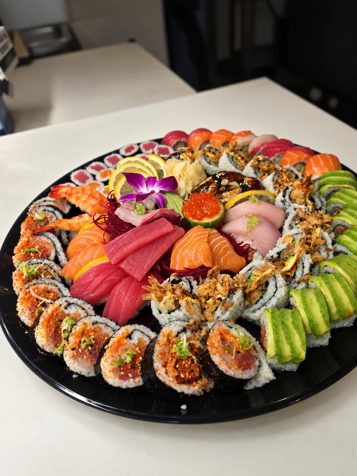 Sushi rolls and nigiri arranged on a platter