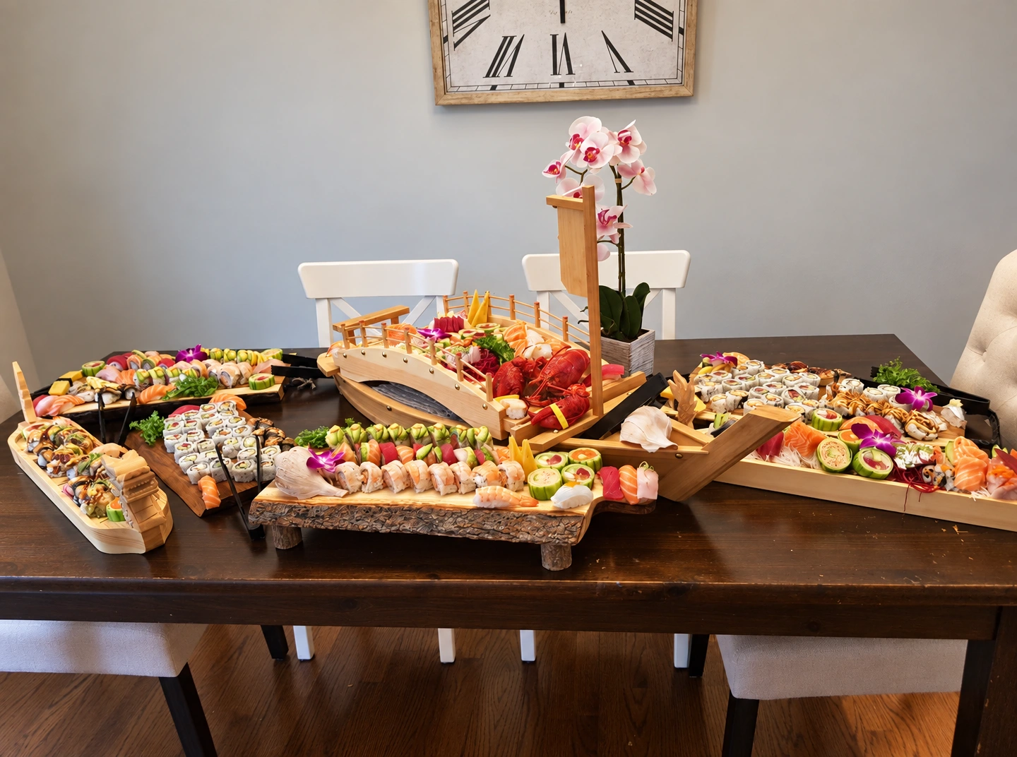 Sushi boats and platters prepared by Chef Chris for an event